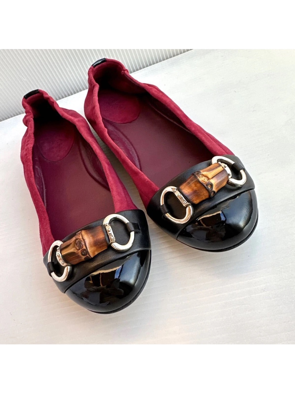 Gucci Wine Suede & Black Patent Ballet Flats With Bamboo Horsebit
